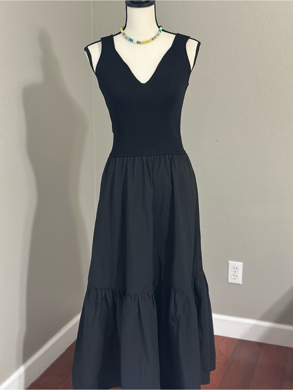 Elan Black Goth Ribbed Bodice Tiered Cotton Maxi Dress